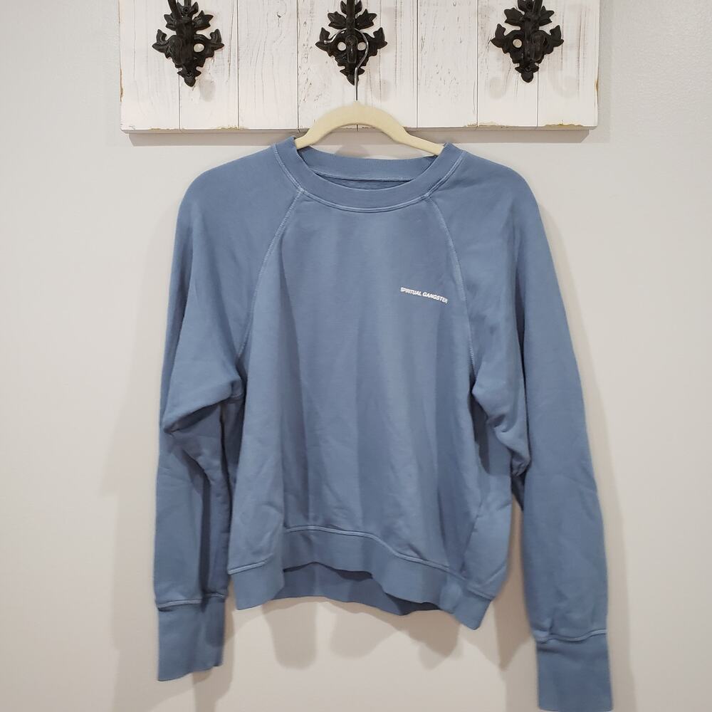 Spiritual Gangster Crewneck Sweatshirt Blue Graphic Pullover Medium